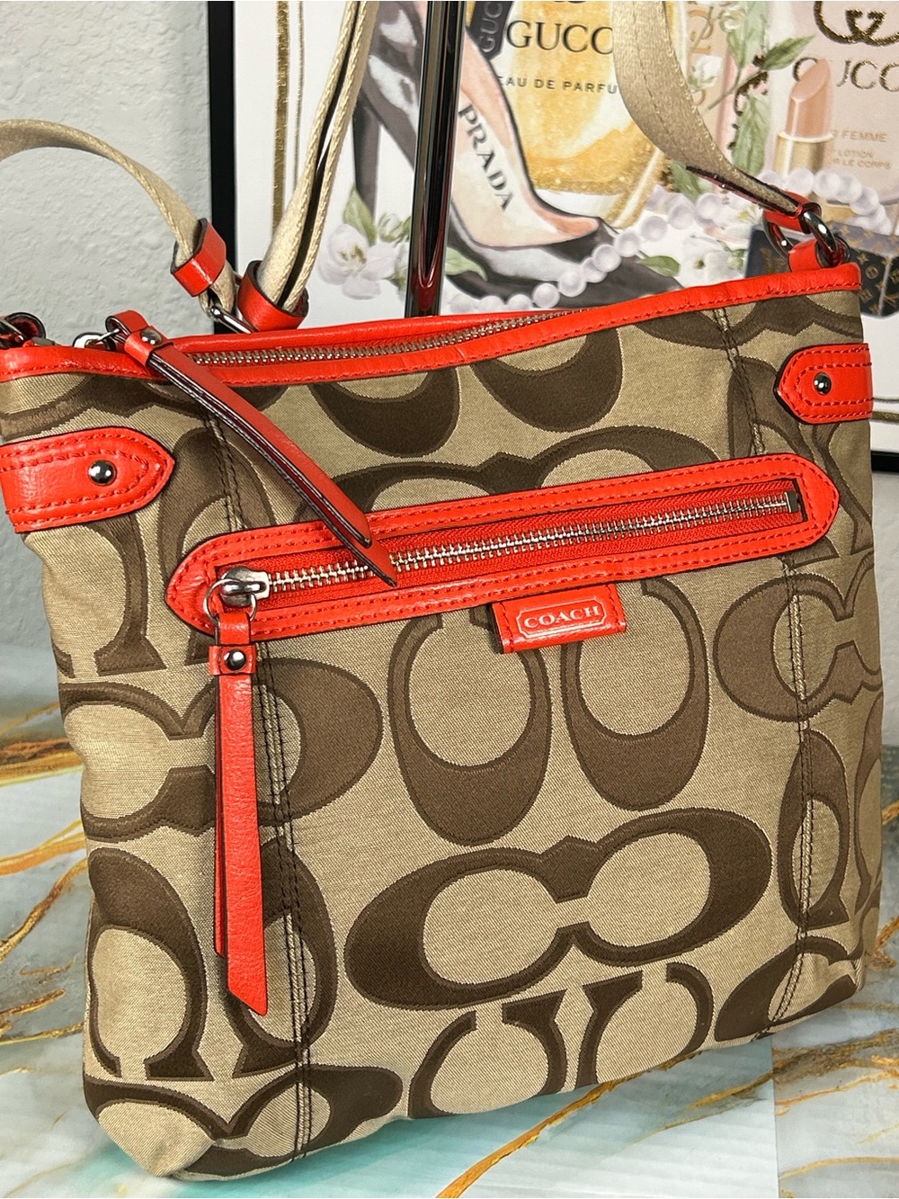 COACH 2013 Daisy Signature File Crossbody Bag in Khaki & Coral 😍🧡 - Picture 13 of 17